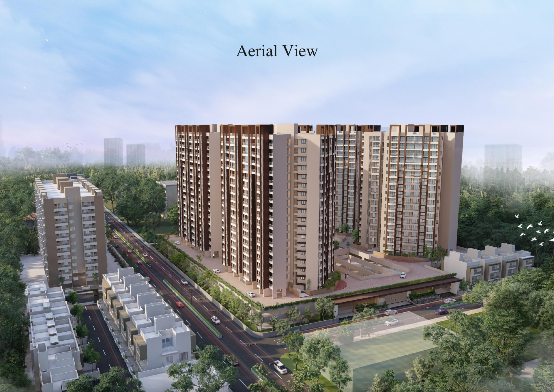 Vrindavan Estate aerial view — tower cluster and approach road
